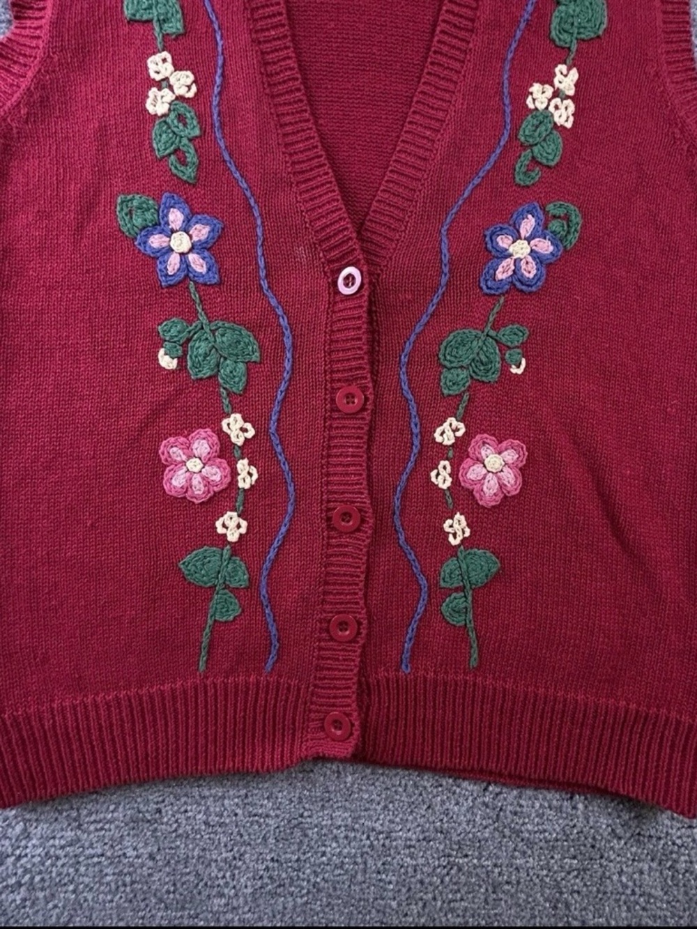 Orvis Sweater Vest L Embroidered Floral Ramie Hong Kong Granny Cottage Vtg 90s - Picture 2 of 8